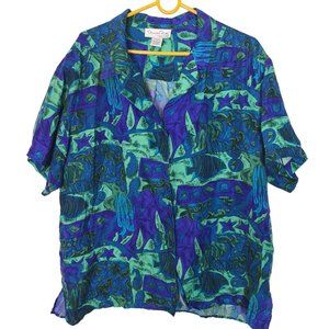 Oscar dela Renta Womens 1X Blue Green Ocean Expressions Silk Button Up Shirt